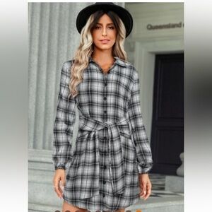 Blue Plaid Flannel Button Front Shirt Dress with Sash Front Tie Casual Western